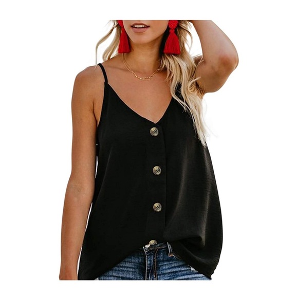 A-Line Black Button-Down Sleeveless Blouse Thin Straps Tank Top - Picture 2 of 10